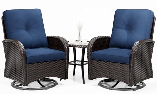 Outdoor Swivel Rocker Chairs, 3 Piece Wicker Patio Set with Thickened Cushions, High Back, Deep Seating, Wide Armrest, Outdoor Swivel Chairs for Porch, Deck