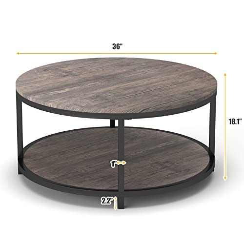 Round Coffee Table,36" Coffee Table for Living Room,2-Tier Rustic Wood Desktop with Storage Shelf Modern Design Home Furniture(Light Walnut)