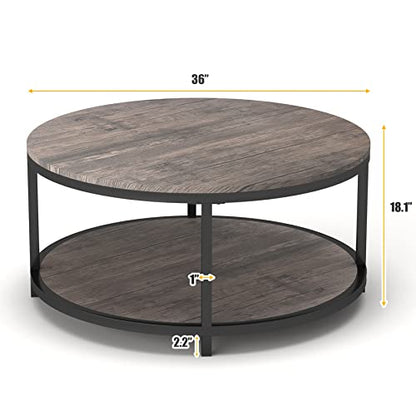 Round Coffee Table,36" Coffee Table for Living Room,2-Tier Rustic Wood Desktop with Storage Shelf Modern Design Home Furniture(Light Walnut)