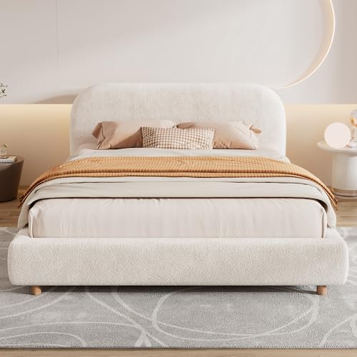 Queen Size Platform Bed, Boucle Fabric Headborad and Bed Frame, view 2