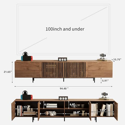 94.5"Walnut TV Stand 4 Cabinets Grille Doors For 100"TV Indoor, view 3