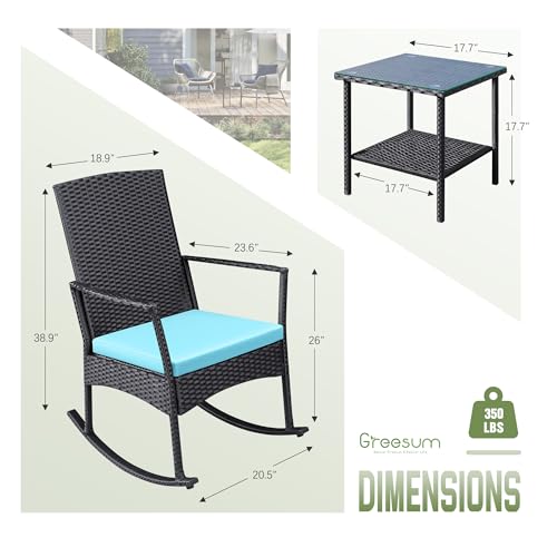 3 Pieces Patio Furniture Set Outdoor Wicker Rocking Chairs with Glass Coffee Table for Garden Backyard Porch Poolside, Blue