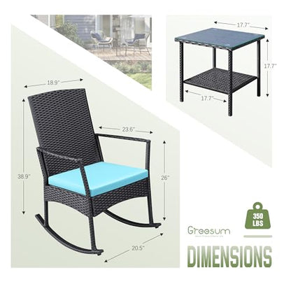 3 Pieces Patio Furniture Set Outdoor Wicker Rocking Chairs with Glass Coffee Table for Garden Backyard Porch Poolside, Blue