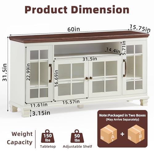 60-Inch Sideboard Buffet Cabinet with Glass Doors,White, view 6