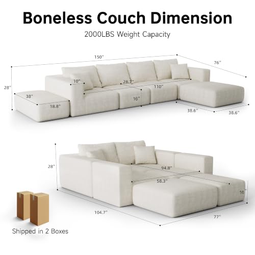 150" Oversized Boneless Sectional Couches for Living Room,Comfy Modern Modular Sectional Sofa,Extra Deep 6 Seater,Large Plush Cloud Sectional Couch,No Assembly Required,Beige Chenille