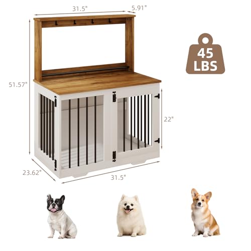 31'' Wooden Dog Crate Furniture with Storage Shelf & 4 Hooks, view 4