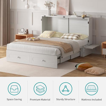 Queen Murphy Bed with USB Charging Station, Murphy Cabinet Bed with Storage Drawer, Space-Saving Hidden Cabinet Chest Beds for Guest Room Living Room, No Mattress, White