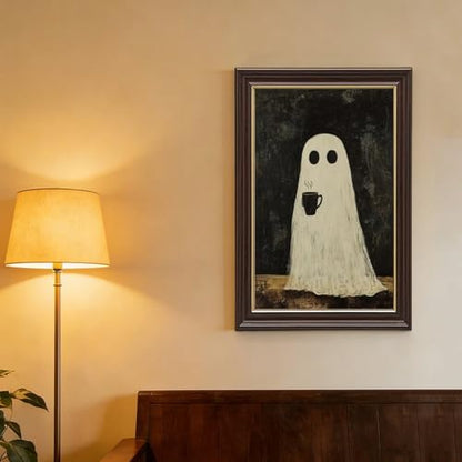 Halloween Ghost Canvas Wall Art with Natural Wood Grain Frame, Cozy Spooky Coffee Decor, Rustic Farmhouse Style Wall Picture for Living Room Kitchen Bedroom Autumn Seasonal Wall Decorations - 8x12