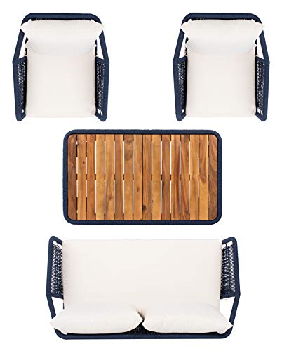SAFAVIEH Outdoor - Raldin Navy Rope 4-Piece Patio Set, Eucalyptus Wood Conversation Set with Beige Cushions, Outdoor Sofa, Chairs & Coffee Table (PAT7049E)