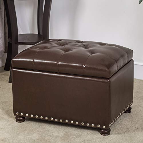 Leather Ottoman with Storage,24’’Foot Rest Ottomans with Hinged Lid Rectangle Upholstered Foot Stools Nailhead Trim for Living Room Bedroom,Classic Brown
