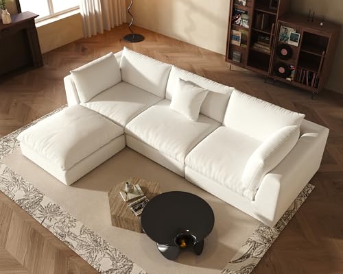 Oversized Modular Sectional Sofa,Cloud Couch Deep Seat Sofa Cushion Covers Removable, Oversized Sectional Couches for Living Room (3 Seater+1 Ottoman-Cream White)