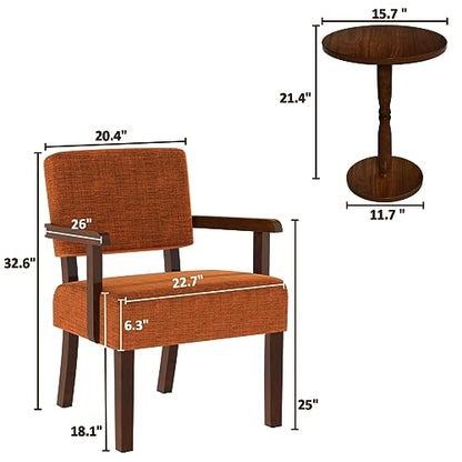 Accent Chair Set of 2 with Table, Upholstered Living Room Chairs with Wood Frame, Modern Oversized Reading Armchair for Bedroom Waiting Room (Orange)