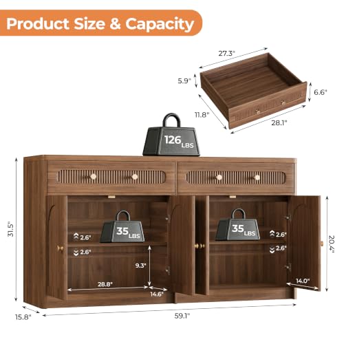59"W Arched and Fluted Sideboard Buffet Cabinet with Storage, Walnut, view 3