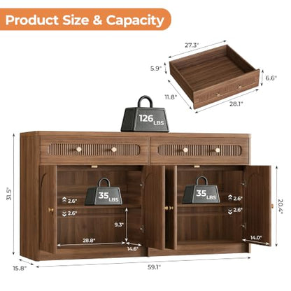 59"W Arched and Fluted Sideboard Buffet Cabinet with Storage, Walnut, view 3