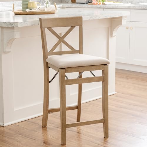 Triena X Back Neutral Greywash Wooden Fully Assembled Folding 24 Inch Seat Height Counter Stool with Beige Upholstered Seat