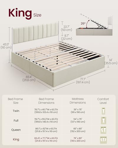 VASAGLE Lift Up Storage Bed Frame, King Size, Upholstered Headboard, view 7