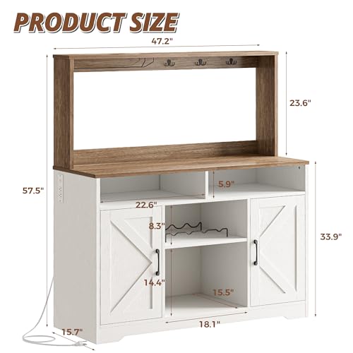 58" Farmhouse Coffee Bar Cabinet with Storage & Power Outlets, White, view 3