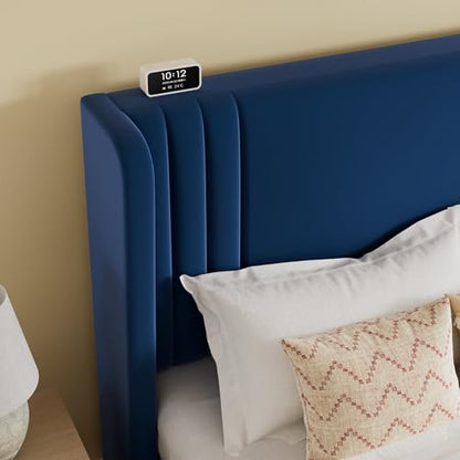 Queen Velvet Upholstered Bed Frame, Wingback Headboard, Blue, view 5