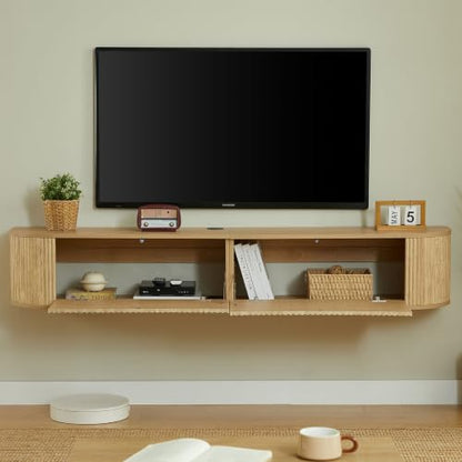 71" Oak Fluted Floating TV Stand for TVs up to 80" for Living Room, view 5