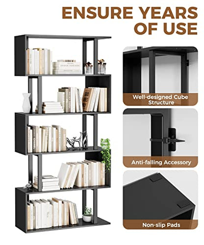 5-Tier Tall Bookshelf, S-Shaped Book Shelf Unit, Black, view 7