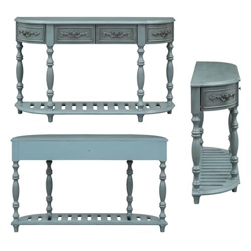 52'' Curved Half Moon Entryway Console Table with Storage, Antique Blue | Semicircular Accent Table, French Country, Solid Wood Legs, 4 Drawers, Open Shelf, Easy Assembly, for Living Room & Hallway