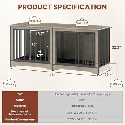 75 Inch Double Dog Crate Furniture, Indoor Dog Kennel TV Stand, view 8