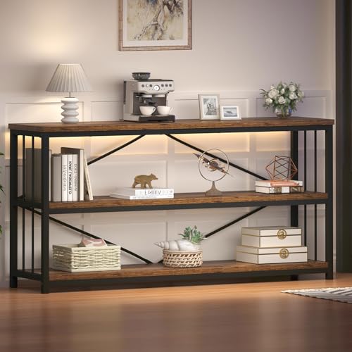 Horizontal Low Bookshelf, Extra Long Industrial Wood 3 Tier Bookcase, Wide Open Metal Large Book Shelf for Bedroom Living Room, Rustic Brown, 70 Inch