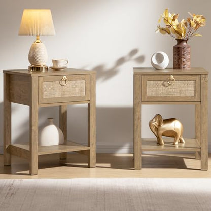 Rattan Nightstand Set of 2, Rattan Decor Drawer with Brass Knobs Night Stand Bedside Table Boho End Tables Side Tables with Storage Shelf for Bedroom,Small Space