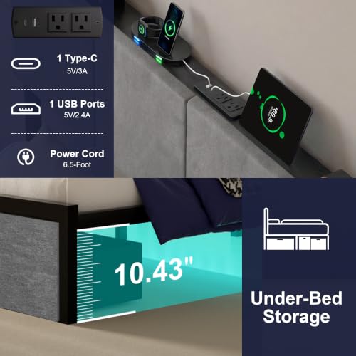 Queen Bed Frame with Charging Station and LED Lights, view 6