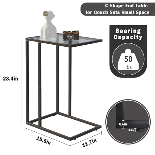 Easy Paws C Shaped End Table Set of 2, Tempered Glass Snack Side Table with Metal Frame, Sofa Couch Side Table, Modern Style, Black
