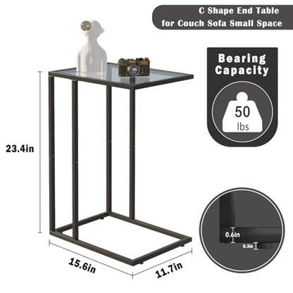 Easy Paws C Shaped End Table Set of 2, Tempered Glass Snack Side Table with Metal Frame, Sofa Couch Side Table, Modern Style, Black