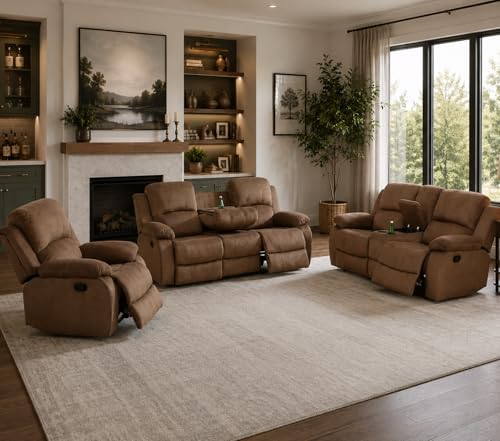 3 Piece Manual Recliner Sofa Set, Microfiber Sofa Set for Living Room