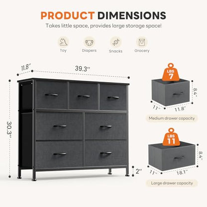 7 Drawer Dresser for Bedroom Storage with Fabric Bins, Gray, view 4