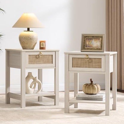 White Nightstand Set of 2,Rattan Decor Drawer with Brass Knobs Night Stand Bedside Table Boho End Tables Side Tables with Storage Shelf for Bedroom,Small Space