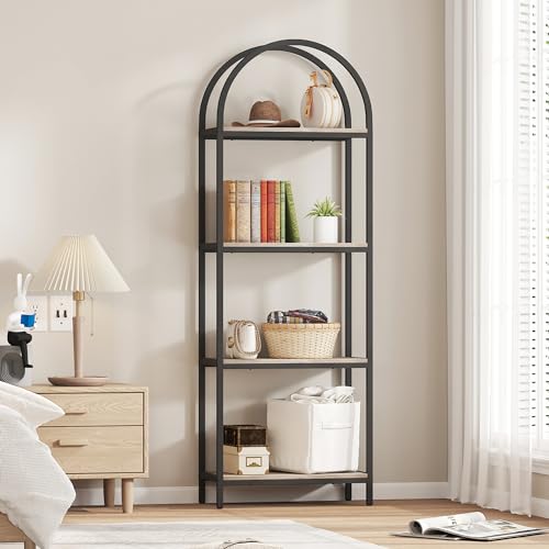 Bookshelf 4 Tier Arched Bookcase, 71.3" Tall Industrial Open Book Shelves for Living Room, Modern Freestanding Display Shelving Storage Rack Metal Frame, Office, Bedroom, Grey