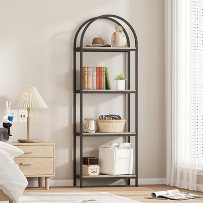 Bookshelf 4 Tier Arched Bookcase, 71.3" Tall Industrial Open Book Shelves for Living Room, Modern Freestanding Display Shelving Storage Rack Metal Frame, Office, Bedroom, Grey