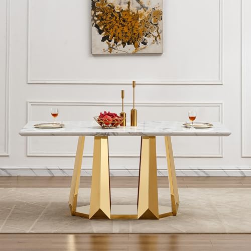 Marble Dining Table for 6 People, 70'' Rectangle Faux Marble Dining Table with Mirrored Stainless Steel Base, Large Size Marble Kitchen Table (Gold,White)(only Table)