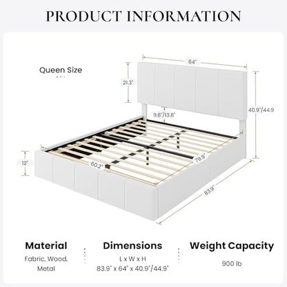 Queen Size Bed Frame, Velvet Upholstered Platform Bed, White, view 3