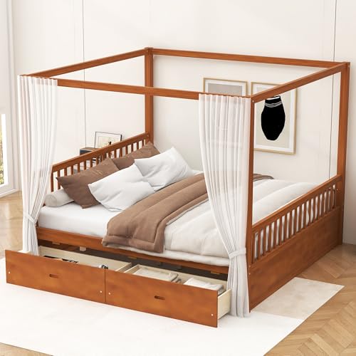 JIJIWANG King Canopy Bed with Storage Drawers & Four Poster Frame, Walnut, view 4