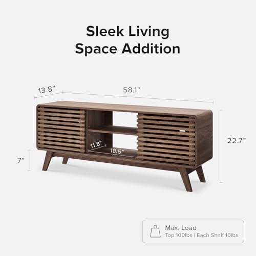 Ensley 59" Tall TV Stand with Slatted Door, Mid Century Modern Entertainment Center for 55-65 inch TV, Farmhouse Media Console with Storage, Adjustable Shelves, Round Edges, Living Room (Walnut)
