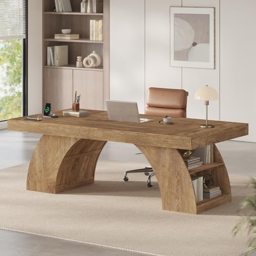 70.9 Inch Executive Desk, Large Office Desk with Power Outlet & Storage Shelves, view 2