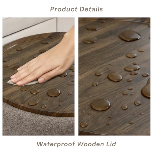 Brown Teddy Round Storage Ottoman Coffee Table with Solid Wood Legs, view 7