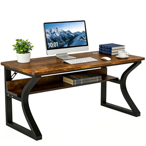 47 inch Computer Desk, Home Office Desk with Storage Shelf, Sturdy U-Shaped Metal Frame Study Table with Cable Management, Gaming Desk for Office & Bedroom, Rustic Brown