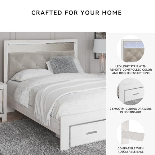 Signature Design by Ashley Altyra Contemporary Adjustable Tufted Queen Upholstered Storage Platform Bed with LED Lights and 2 Drawers, Foundation or Box Spring Not Needed, White & Gray