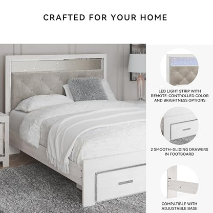 Signature Design by Ashley Altyra Contemporary Adjustable Tufted Queen Upholstered Storage Platform Bed with LED Lights and 2 Drawers, Foundation or Box Spring Not Needed, White & Gray