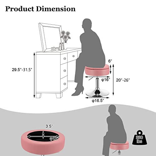 Adjustable Swivel Vanity Stool Set of 2, 360° Swivel 20"-26" Height Adjustable Tufted Round PU Leather Ottoman with Storage, Modern Accent Makeup Chair for Living Room Bedroom, Pink