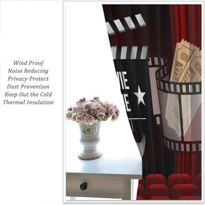 Movie Curtains, Red Curtain Popcorn Drinks Movie Tickets Lights Film Window Treatments Rod Pocket Drapes for Boys Girls Screening Bedroom Movie Theater 42x45in（No Blackout）