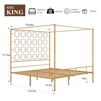 King Canopy Bed Frame, Gold Metal Bed, No Box Spring Needed, view 3