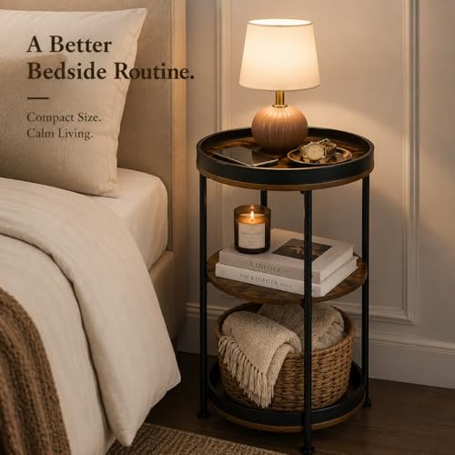 Side Table, Round End Table with 3 Storage Shelves for Living Room, Bedroom, Nightstand with Steel Frame for Small Spaces, Industrial Round Sofa Table, Outdoor Accent Coffee Table, Rustic Brown