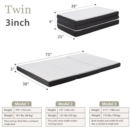 Tri Fold Memory Foam Foldable Mattress Twin, 3 inch Folding Mattress for Guest Sleep. Portable Trifold Mat with Removable Washable Cover, Floor Sleeping Mat for Adult and Kid